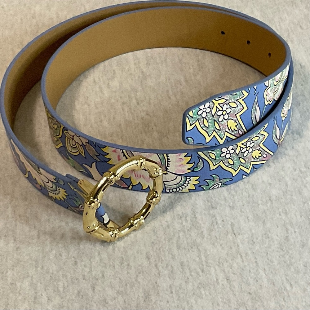 Talbots Floral Patterned Blue & Pastel Leather Belt with Gold Buckle